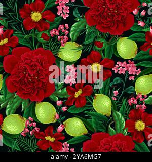 Seamless pattern with peonies, lemons and other flowers. Vector. Stock Vector