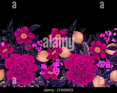 Border with peonies, lemons and other flowers. Vector. Stock Vector