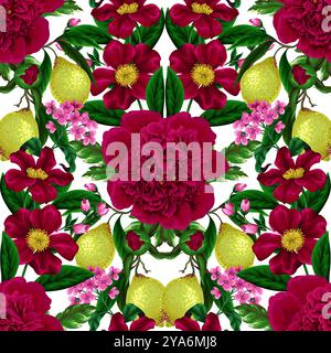Seamless pattern with peonies, lemons and other flowers. Vector. Stock Vector