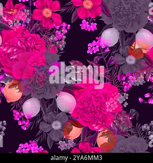 Seamless pattern with peonies, lemons and other flowers. Vector. Stock Vector