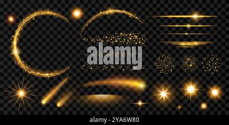Glowing golden elements with light effect. Stock Vector