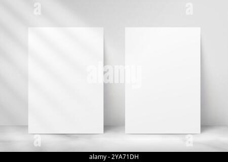 Two poster mockup. Mock up A4 paper. Picture frame. White realistic page on wall background. Piece leaflet sheets. Flyers templates with shadow. 2 a3 Stock Vector