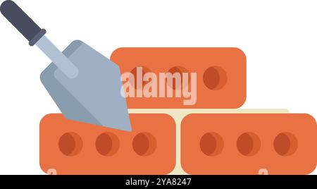 Trowel is laying down mortar on bricks to build a new wall Stock Vector