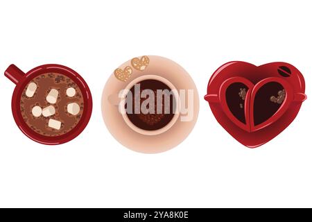 Set of cute cups, top view. Vector illustration isolated on white background. Stock Vector