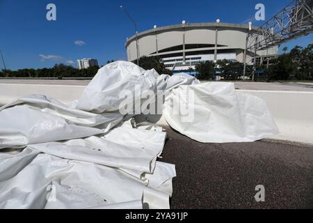 St Petersburg, United States. 11th Oct, 2024. The torn and destroyed roof on Tropicana Field, the home of the Tampa Bay Rays, caused by high winds from Hurricane Milton, October 11, 2024 in St Petersburg, Florida. Hurricane Milton made landfall fifty miles south at Siesta Key, as a Category 3 hurricane. Credit: Mark Rankin/USACE Photo/Alamy Live News Stock Photo