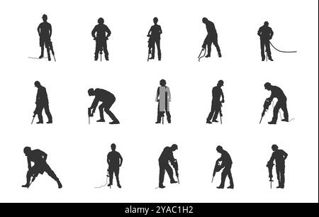 Worker using jackhammer silhouette, Jackhammer silhouette, Worker using jackhammer vectors, Jackhammer vector set Stock Vector