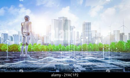 Artificial intelligence robot for smart city with 3d rendering assistant robot with digital connection in city Stock Photo