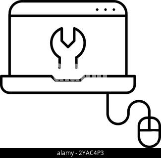 Computer with mouse, wrench on screen. Coding tools, construction of powerful software solutions. Pixel perfect, editable stroke vector icon Stock Vector
