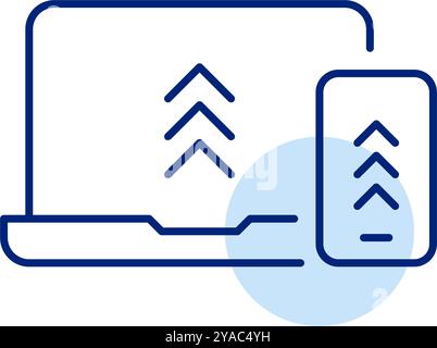 Laptop and smartphone with upload arrows. Cross-platform connectivity. Seamless data transfer. Integration of cloud-based uploads across multiple devi Stock Vector
