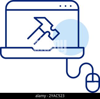 Laptop with mouse connected to it with hammer on screen. Digital creation and problem-solving, tech repairs. Pixel perfect, editable stroke vector ico Stock Vector