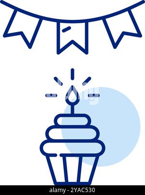 Cupcake with candle and garland of flags. Birthday party, holiday celebration. Pixel perfect, editable stroke vector icon Stock Vector