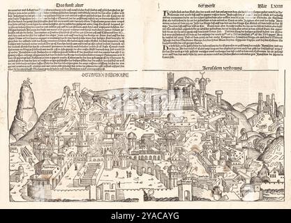 Pictorial map of Jerusalem - Taken from a book - Blat LXIIII Destruccio Iherosolime Jerusalem zerstozung (Nuremberg Chronicle) 1493 - Author Schedel, Hartmann (1440-1514) Nuremberg. Stock Photo