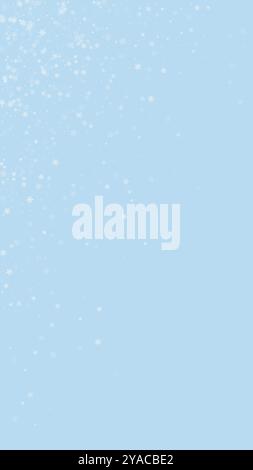 Snowy christmas background. Subtle flying snow flakes and stars on light blue winter backdrop. Delicate sweet snowy christmas. Vertical vector illustration. Stock Vector