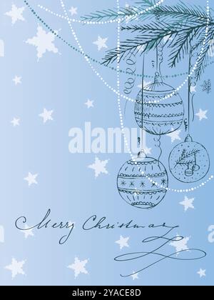Merry christmas sign with three balls and stars. The balls are hanging from a tree branch. The sign is blue and white Stock Vector