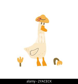 Goose in hat isolated on white background. Poultry character. Vector hand drawn flat illustration Stock Vector