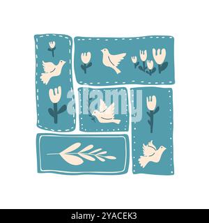 Doves and flowers card. Flying pigeon holding an olive branch and florals square icon. Hand drawn birds collection illustration isolated on rectangle Stock Vector