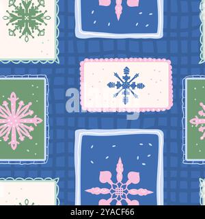 Various snowflake in decorative frames seamless pattern. Winter holidays endless background. Vector hand drawn flat illustration. Stock Vector