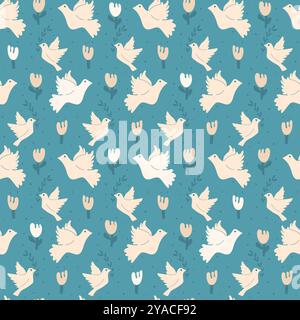 Dove and flowers seamless pattern. Flying pigeon with florals continuous background. Surface pattern design birds motif. Vector hand drawn flat illust Stock Vector
