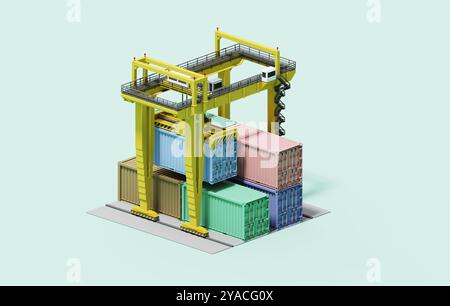 Yellow Gantry Crane Over Stacked Shipping Containers in 3D illustration. The crane includes a platform with railings and a staircase on light back. Stock Photo