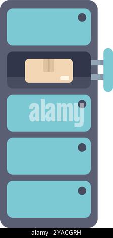 Illustration of an automated parcel locker showing one open cell containing a cardboard box ready for a customer to pick up Stock Vector