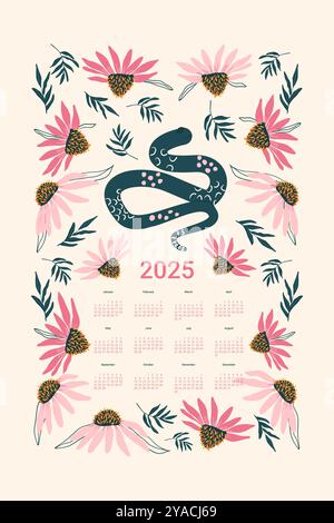 2025 Calendar With Coneflowers Vertical Banner With Month Weeks And 2025 Calendar With Snake And Flowers Vertical Banner With Month Weeks And Dates Template Symbol Of The Year And Coneflowers Print Vector Illustrat 2yacj69