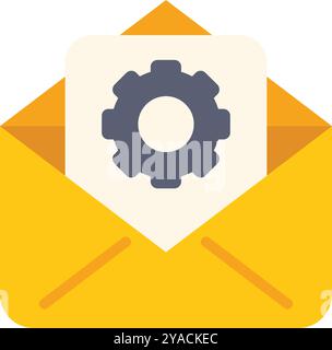 Open yellow envelope containing document with gear icon representing email settings Stock Vector