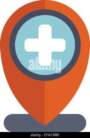 Orange location pin is showing a white cross symbol, indicating a medical facility or service Stock Vector