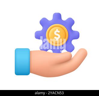 Hand holding gear with coin dollar symbol. Payment process, finance management, save money concept. 3d vector icon. Cartoon minimal style. Stock Vector
