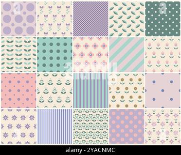 Collection of cute color geometric floral seamless patterns. Delicate dotted and striped textures - repeatable unusual bright backgrounds with flowers Stock Vector