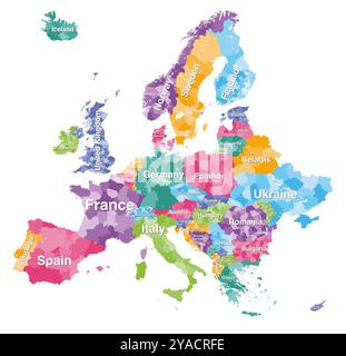 Europe detailed colored map with administrative divisions borders. Vector illustration Stock Vector