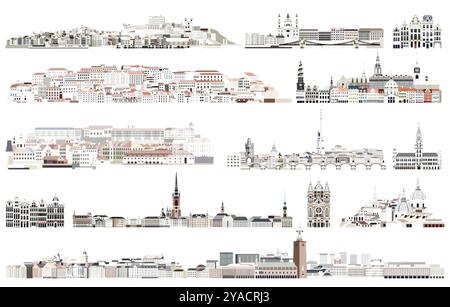 Halftone colored cities skylines, historical buildings and elements of cityscapes. Retro, vintage, postmark style. Vector isolated illustrations Stock Vector