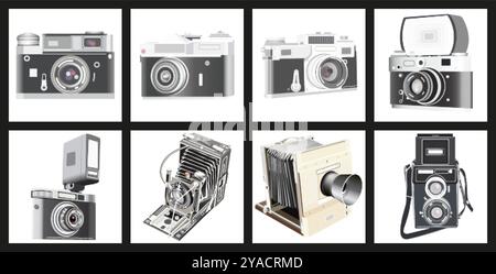 Retro, vintage, old style photo cameras. Halftone illustrations vector set Stock Vector