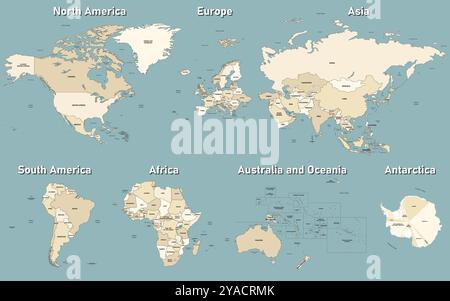 All world continents detailed political isolated maps in soft beige color palette with names of countries, seas, oceans. The continents are proportion Stock Vector