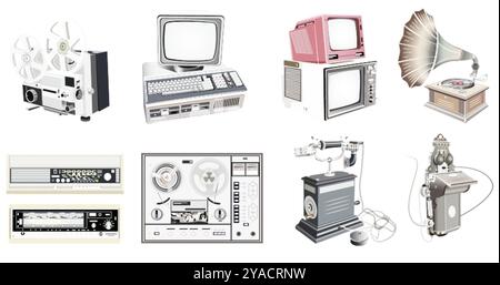 Halftone colored illustrations of retro, vintage, old style technics. Vector set Stock Vector