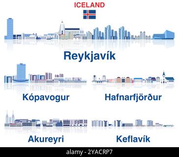 Iceland main cities skylines in soft cold tones color palette vector set. Crystal and fairy aesthetics style Stock Vector