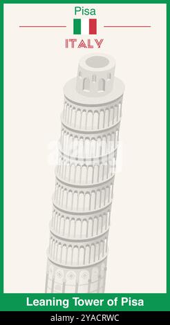 Leaning Tower of Pisa isometric illustration made with stipple texture, pointillism technique. Vector poster Stock Vector