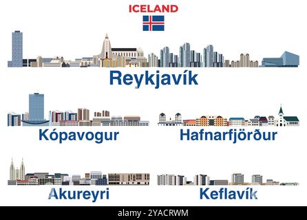 Iceland main cities skylines vector isolated illustrations set Stock Vector