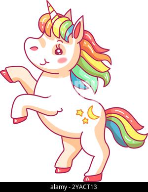 This cheerful unicorn sways gracefully on its hind legs showcasing a vibrant mane and tail. Its friendly expression captures the essence of magic and Stock Vector
