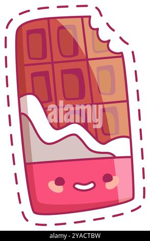 A cheerful cartoon chocolate bar with a big smile is shown with a bite taken out of one corner. Its colorful playful appearance is great for children Stock Vector