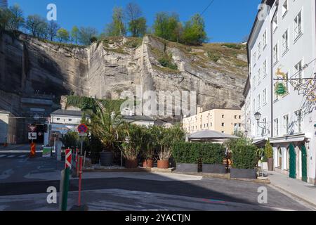 Herbert von-Karajan platz in altdstadt next to Monschberg hill Salzburg, Austria Stock Photo