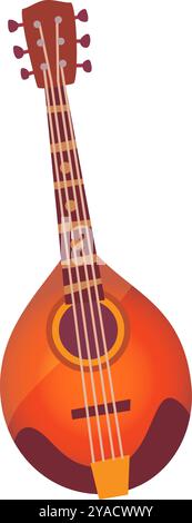 The artwork captures a beautifully designed mandolin with a warm orange hue and detailed craftsmanship highlighting its strings and rounded body Stock Vector