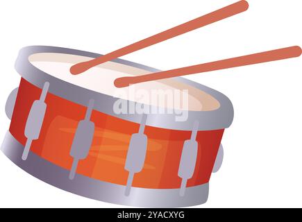 A bright snare drum rests on a surface with two wooden drumsticks on top ready for use in a vibrant musical session taking place in a sunny studio Stock Vector