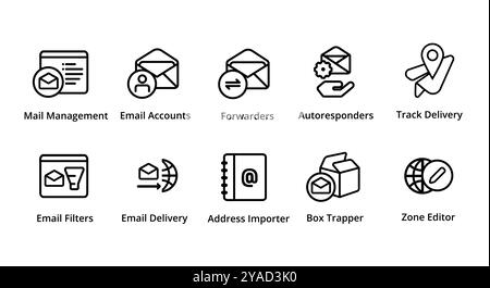 Email management account forwarder autoresponder mail filter box trapper zone editor icon collection set vector graphic illustration web hosting Stock Vector