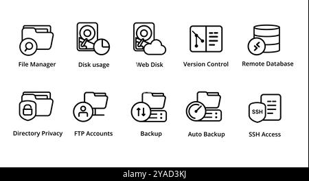File manager disk storage remote privacy access FTP file transfer auto backup SSH icon collection set vector graphic illustration web hosting server Stock Vector