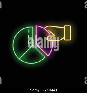 Glowing neon line icon of a hand holding taking a piece of pie chart, on black background Stock Vector
