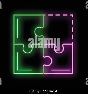 Neon sign illustrating two puzzle pieces coming together, symbolizing problem solving and collaboration Stock Vector
