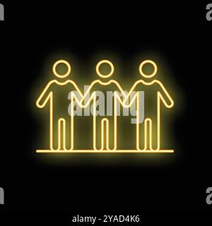 Neon sign representing three people holding hands, symbolizing teamwork and unity Stock Vector