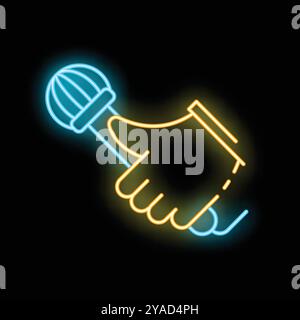 Neon icon of a hand holding a microphone, a symbol of singing, karaoke, or public speaking Stock Vector