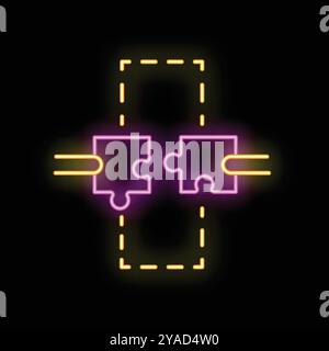 Neon sign of two hands connecting the missing pieces of a jigsaw puzzle, representing teamwork and problem solving Stock Vector