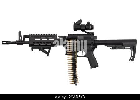 Carbine with belt-fed upper receiver that convert AR-15 or M16 from a standard, magazine rifle to light machine gun. Isolated on a white background Stock Photo